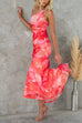 One Shoulder Mesh Overlay Floral Print Ruffle Maxi Dress
