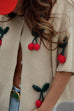 Rebadress Short Sleeves Button Up Cherry Decorative Knit Sweater