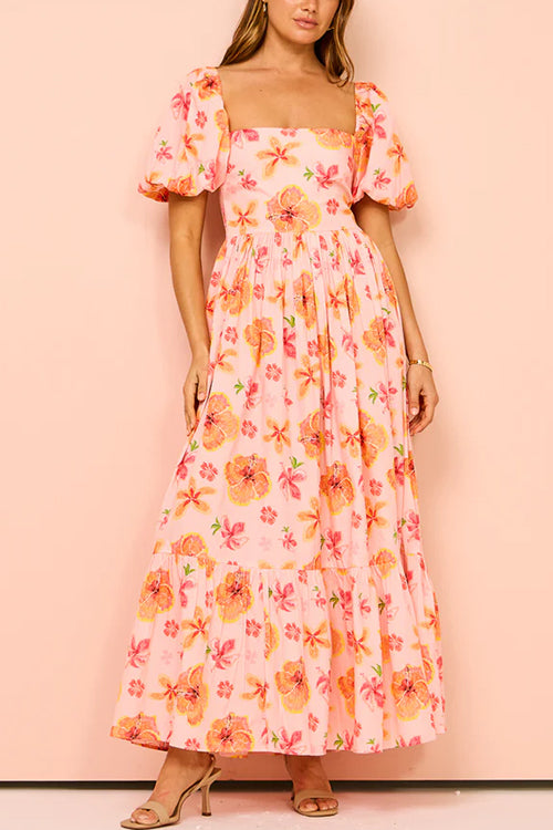 Rebadress Square Neck Puff Sleeves Floral Print Ruffle Maxi Dress