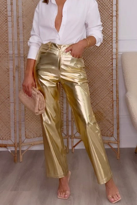 Rebadress High Waist Straight Leg Shiny Faux Leather Pants