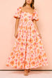 Rebadress Square Neck Puff Sleeves Floral Print Ruffle Maxi Dress