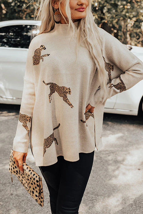 Rebadress High Neck Side Slit Cheetah Pattern Sweater