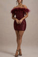 Rebadress Off Shoulder Feather Trim Sequin Mini Party Dress