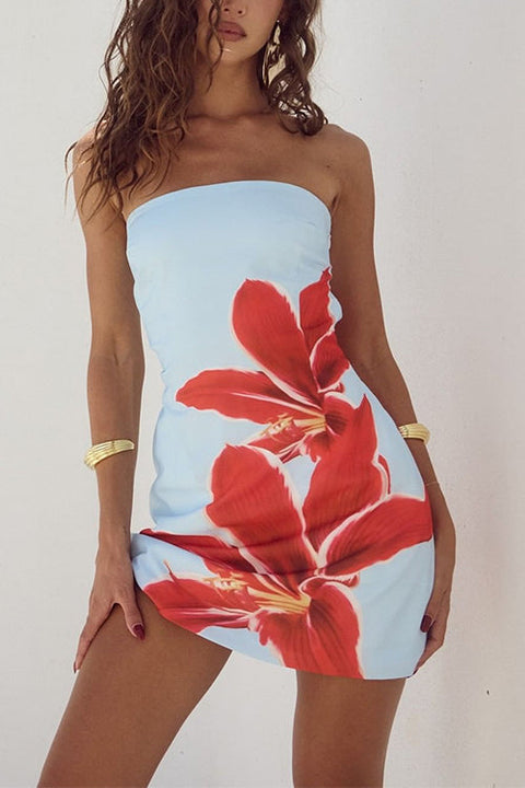 Rebadress Strapless Tube Pocketed Lily Print Mini Dress