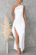 One Shoulder Side Slit Satin Maxi Party Dress