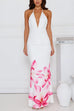 Rebadress Halter V Neck Backless Ruched Flower Print Maxi Dress