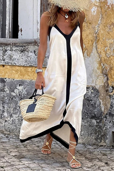 Rebadress Spaghetti Strap V Neck Color Block Maxi Holiday Dress