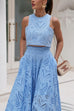 Rebadress Lace Hollow Out Crewneck Crop Tank Top High Waist Maxi Swing Skirt Set