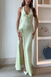 Rebadress Halter V Neck Backless Slit Rose Applique Knit Maxi Dress