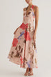 V Neck Halter Back Lace-up Floral Print Maxi Dress