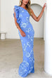 Sleeveless Ruffle One Shoulder Floral Mesh Maxi Dress