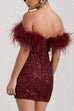 Rebadress Off Shoulder Feather Trim Sequin Mini Party Dress