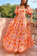 Rebadress Square Neck Puff Sleeves Floral Print Ruffle Maxi Dress