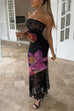 Rebadress Strapless Lace Splice Floral Print Maxi Dress