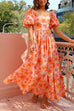 Rebadress Square Neck Puff Sleeves Floral Print Ruffle Maxi Dress