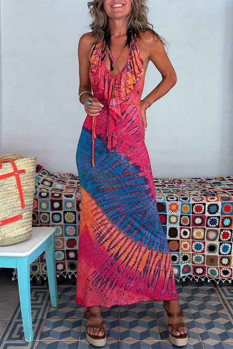 Rebadress Ruffle Trim Halter Lace-up Backless Tie Dye Maxi Dress