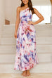 Rebadress One Shoulder Sleeveless Cut Out Floral Print Pleated Maxi Dress