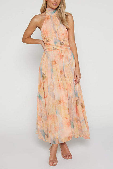 Halter Bow Neck Backless Beck Print Swing Maxi Dress