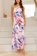 Rebadress One Shoulder Sleeveless Cut Out Floral Print Pleated Maxi Dress