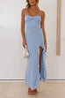 Rebadress Spaghetti Strap Ruffle Slit Maxi Chiffon Dress