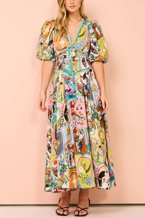 Rebadress V Neck Puff Sleeves Cotton Linen Unique Print Maxi Dress