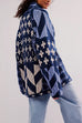 Rebadress Button Down Drawstring Hem Geometric Pattern Sweater Cardigan