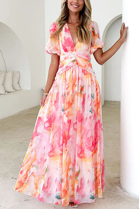 V Neck Puff Sleeves Ruched Waist Printed Maxi Dress