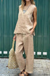 Rebadress Casual Sleeveless Pullover Top Wide Leg Pants Cotton Linen Set