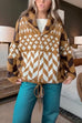 Rebadress Button Down Drawstring Hem Geometric Pattern Sweater Cardigan