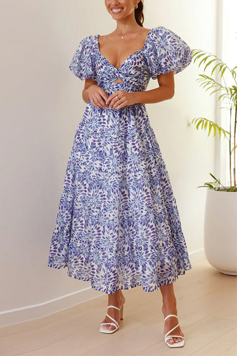 Rebadress V Neck Twist Front Cut Out Waisted Floral Maxi Ruffle Dress