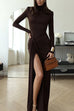 Rebadress Turtleneck Ruched High Slit Maxi Party Dress