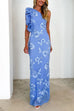 Sleeveless Ruffle One Shoulder Floral Mesh Maxi Dress