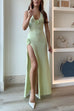 Rebadress Halter V Neck Backless Slit Rose Applique Knit Maxi Dress