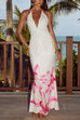 Rebadress Halter V Neck Backless Ruched Flower Print Maxi Dress