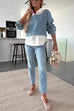 Lapel Long Sleeves Splice Faux Two-piece Denim Top