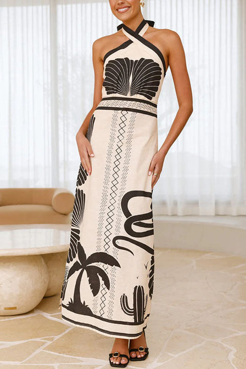 Rebadress Palm Canyon Print Criss Cross Halter Maxi Dress