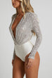 Rebadress Wrap Deep V Neck Long Sleeves Sequin Bodysuit