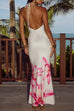 Rebadress Halter V Neck Backless Ruched Flower Print Maxi Dress