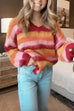 Rebadress V Neck Rainbow Striped Casual Pullover Sweater