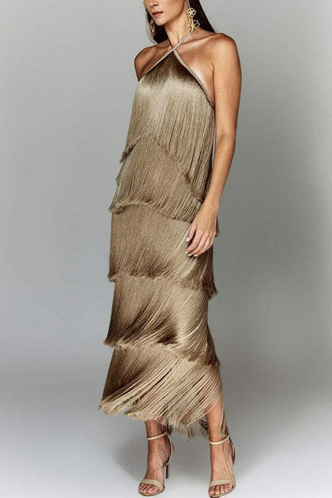 Rebadress Chicest Halter Ruffle Layered Fringe Maxi Party Dress