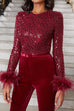 Rebadress Feather-Paneled Long Sleeves Bell Bottoms Sequin Jumpsuit