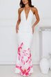 Rebadress Halter V Neck Backless Ruched Flower Print Maxi Dress