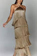 Rebadress Chicest Halter Ruffle Layered Fringe Maxi Party Dress