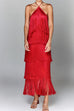 Rebadress Chicest Halter Ruffle Layered Fringe Maxi Party Dress