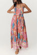 Rebadress V Neck Spaghetti Strap Backless Floral Print Maxi Vacation Dress