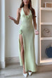 Rebadress Halter V Neck Backless Slit Rose Applique Knit Maxi Dress