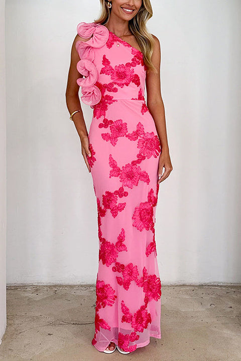 Ruffle One Shoulder Floral Mesh Maxi Dress