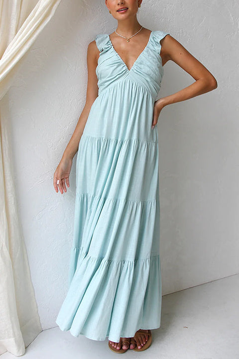 Rebadress V Neck Ruffle Trim Tiered Sleeveless Linen Maxi Dress