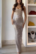 Rebadress Strapless Back Slit Rhinestone Bodycon Maxi Party Dress