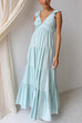 Rebadress V Neck Ruffle Trim Tiered Sleeveless Linen Maxi Dress